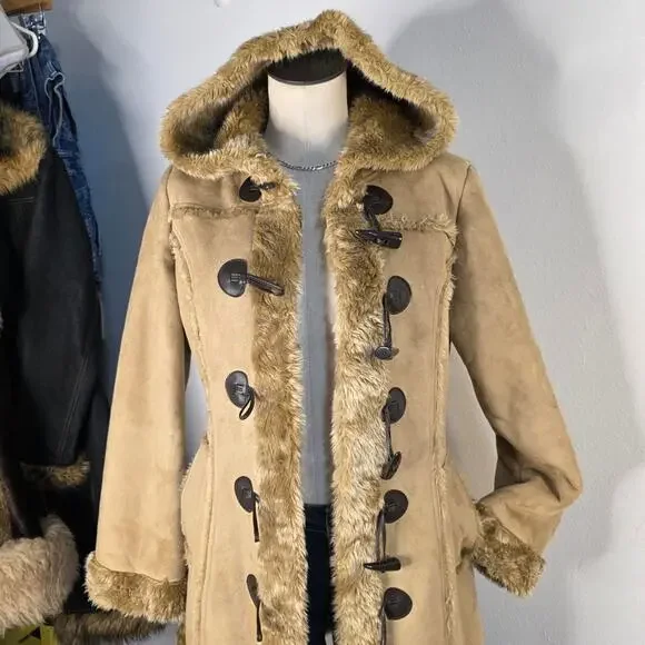 Y2K Penny Lane Faux Fur Toggle Coat Hood Tan Fisherman Core Winter Boho - Picture 3 of 7